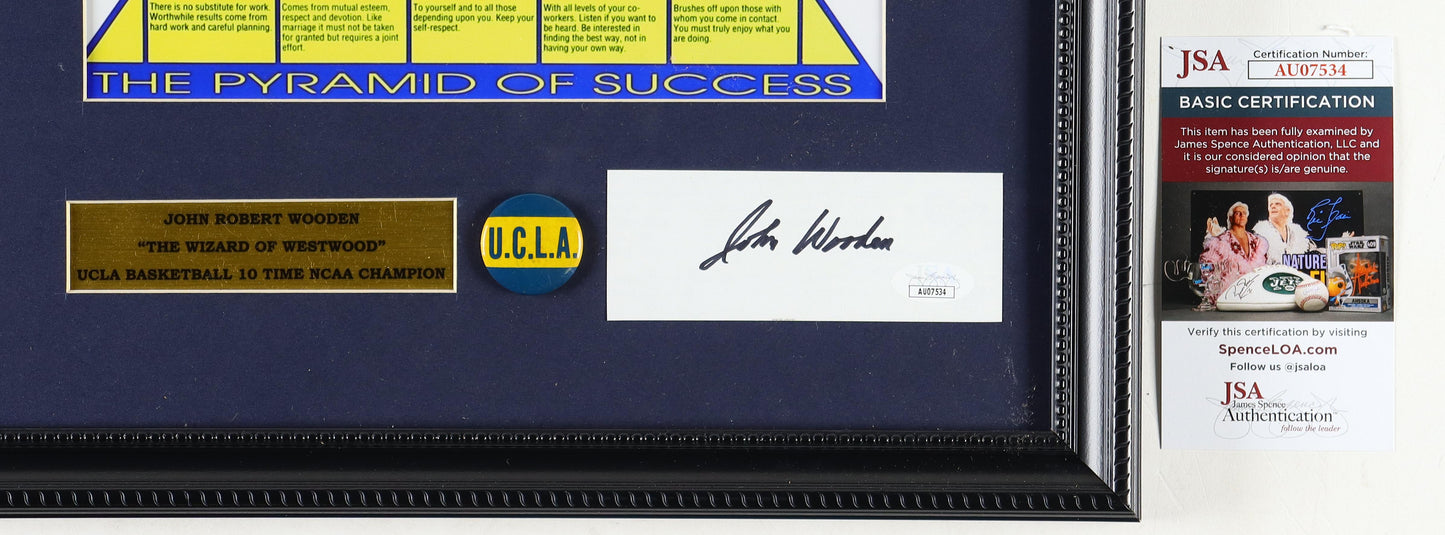 Coach John Wooden Signed Custom Framed Cut w/UCLA Vintage Pin (PSA/DNA)