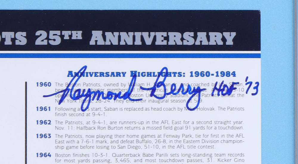 John Hannah & Raymond Berry Signed 1984 Patriots 25th Anniversary Commemorative Stat Card With Cloth Uniform Patch Custom Framed Display Inscribed "HOF 91" & "HOF 73" (JSA)