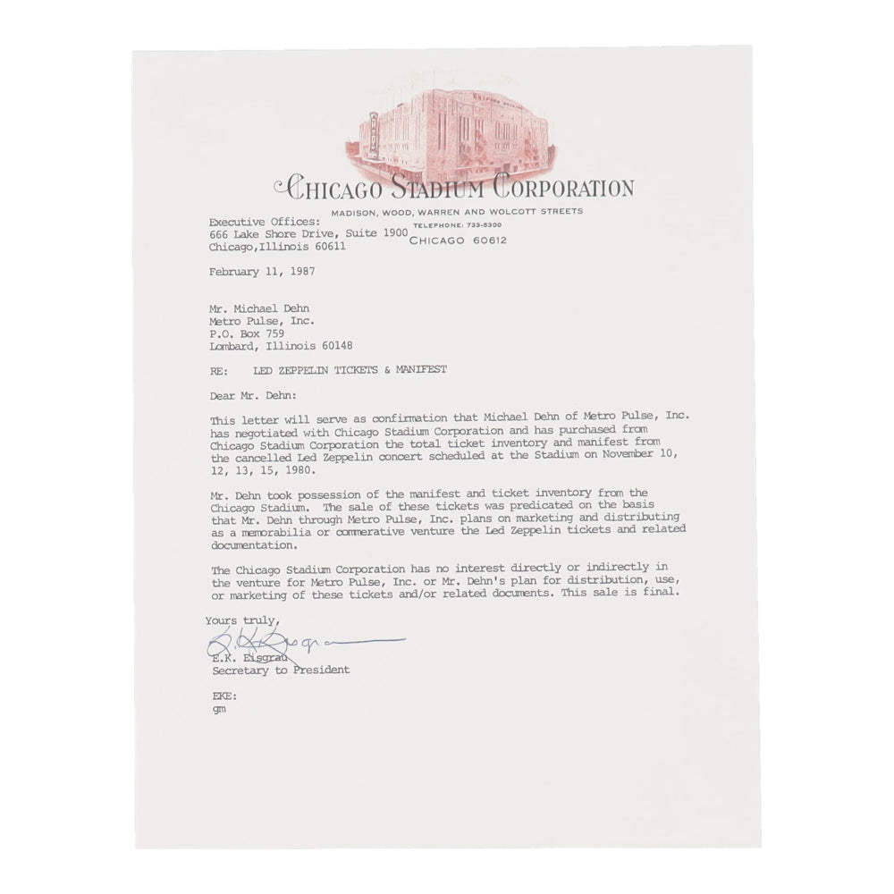 Led Zeppelin Set of (3) Items with 1980 Ticket, 12x18 Concert Poster & Chicago Stadium Letter of Provenance