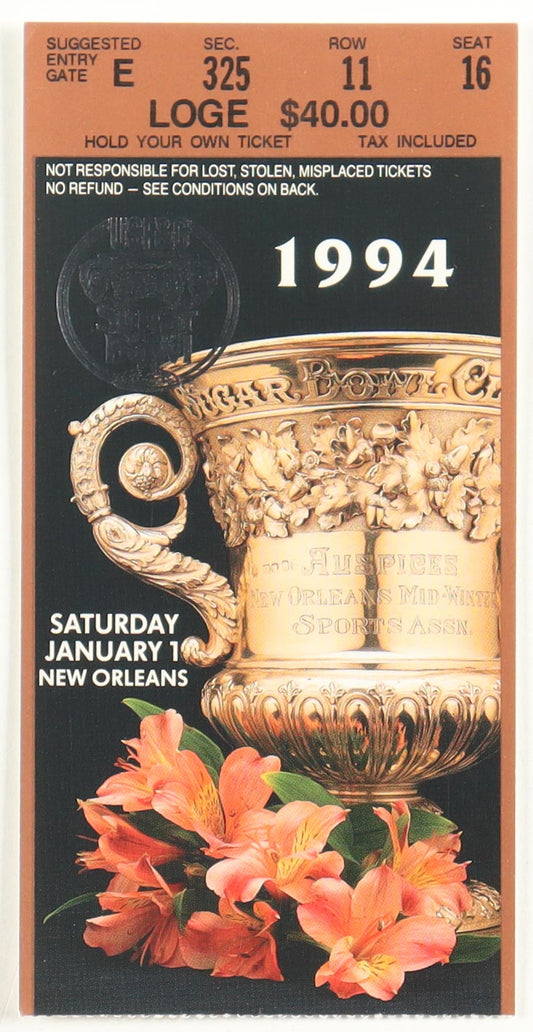 1994 Sugar Bowl Original Game Ticket - Florida Gators 1st 11 win season and 1st Sugar Bowl Win - Steve Spurrier