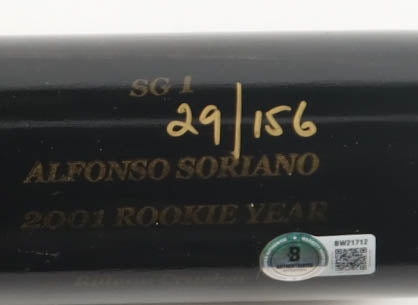 Alfonso Soriano signed Yankees Sam Bat 2001 Rookie Year Player Model Bat (Beckett) Limited Edition #29/156 — Beckett authe…