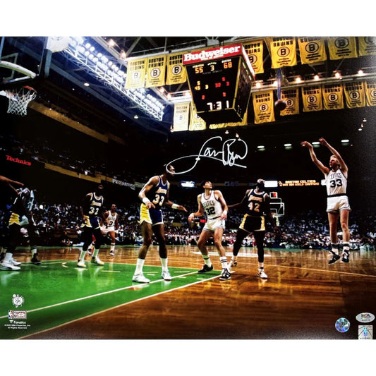 Larry Bird Signed 16x20 Photo vs Lakers (PSA In-The-Presence & Bird Hologram)