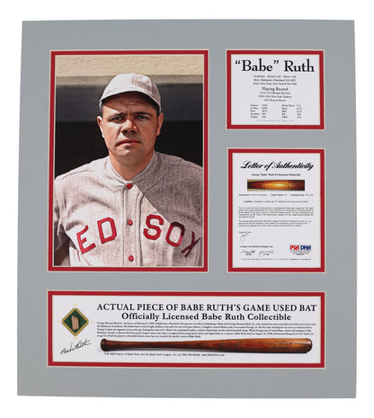 Babe Ruth Game-Used Bat Piece - Red Sox Matted Display (PSA/DNA/LOA)