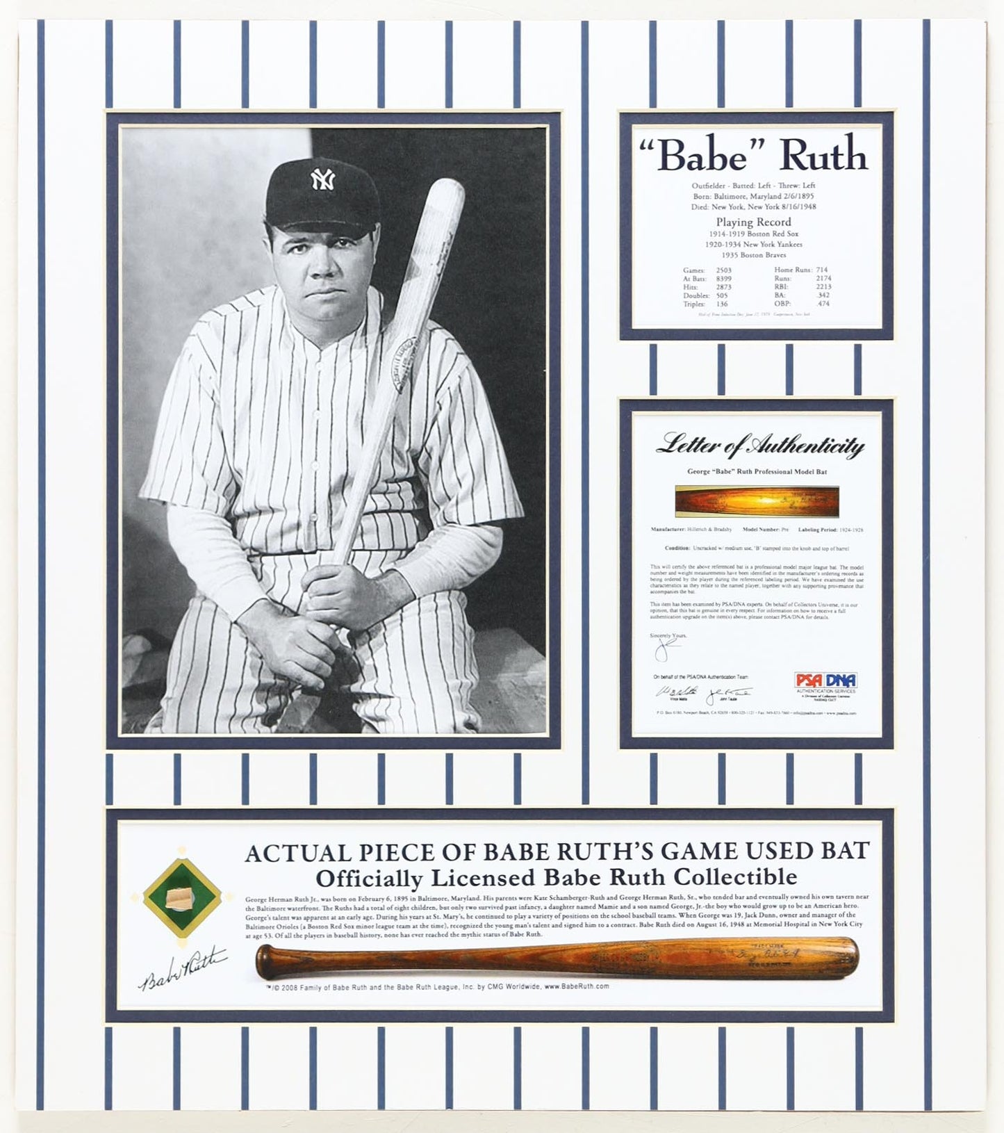 Babe Ruth Yankees Custom Matted Game-Used Baseball Bat Piece Display (PSA/DNA)