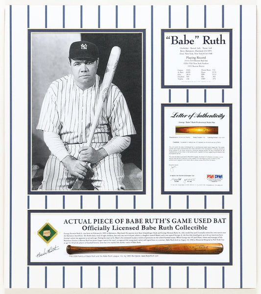 Babe Ruth Yankees Custom Matted Game-Used Baseball Bat Piece Display (PSA/DNA)