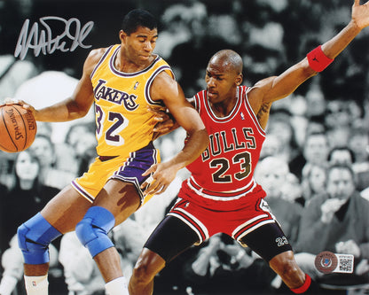 Magic Johnson Signed Lakers 8x10 Photo w/Michael Jordan (Beckett Witnessed)