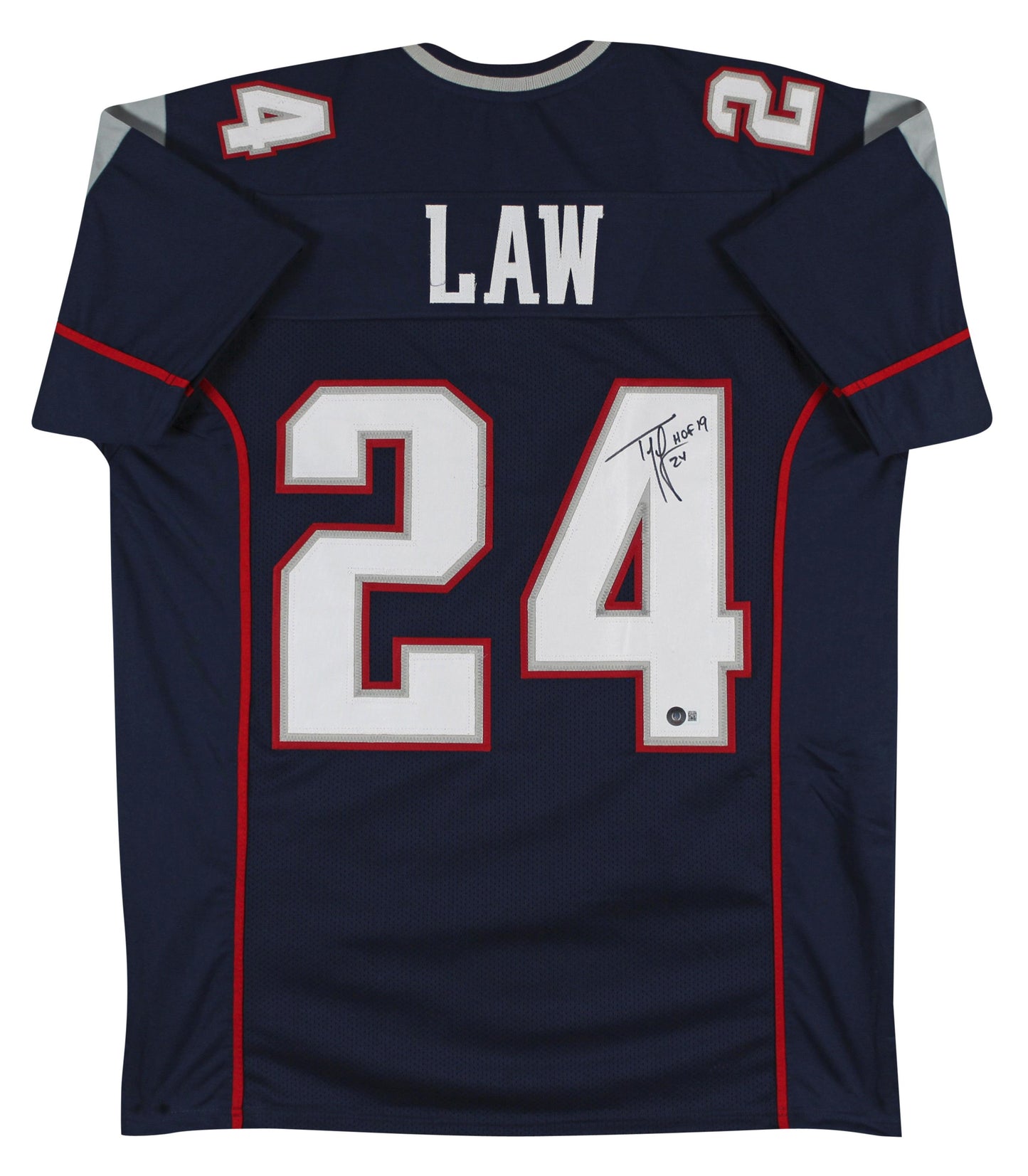 Ty Law Signed Patriots Jersey Inscribed "HOF 19" (Beckett Witnessed)
