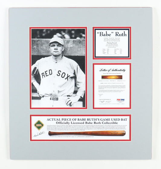 Babe Ruth Game-Used Baseball Bat Piece Custom Red Sox Matted Display (PSA/DNA/LOA)