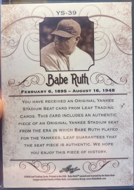 RARE 5/7 Babe Ruth 2016 Leaf Babe Ruth Collection Yankee Stadium Seat Silver #YS39
