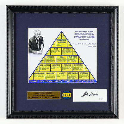Coach John Wooden Signed Custom Framed Cut w/UCLA Vintage Pin (PSA/DNA)