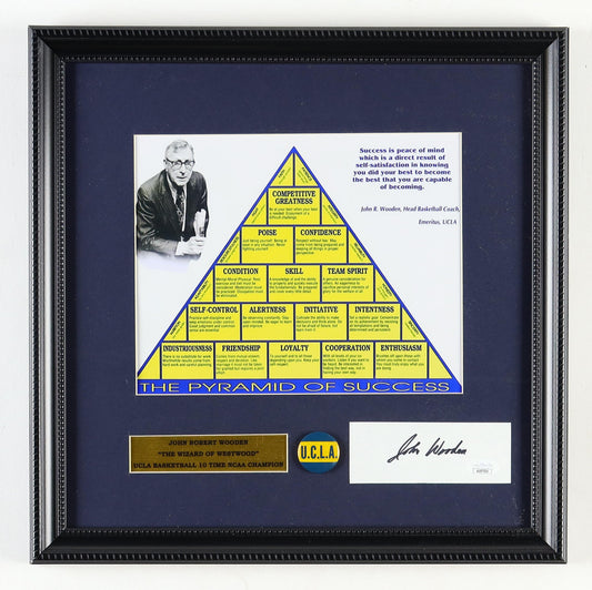 Coach John Wooden Signed Custom Framed Cut w/UCLA Vintage Pin (PSA/DNA)