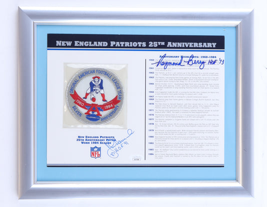 John Hannah & Raymond Berry Signed 1984 Patriots 25th Anniversary Commemorative Stat Card With Cloth Uniform Patch Custom Framed Display Inscribed "HOF 91" & "HOF 73" (JSA)