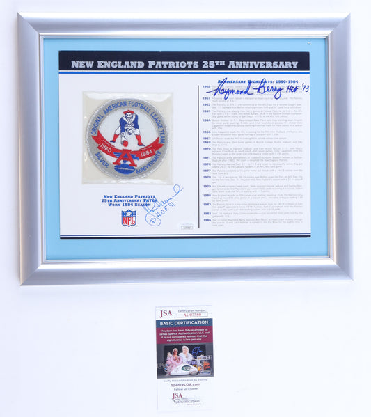 John Hannah & Raymond Berry Signed 1984 Patriots 25th Anniversary Commemorative Stat Card With Cloth Uniform Patch Custom Framed Display Inscribed "HOF 91" & "HOF 73" (JSA)