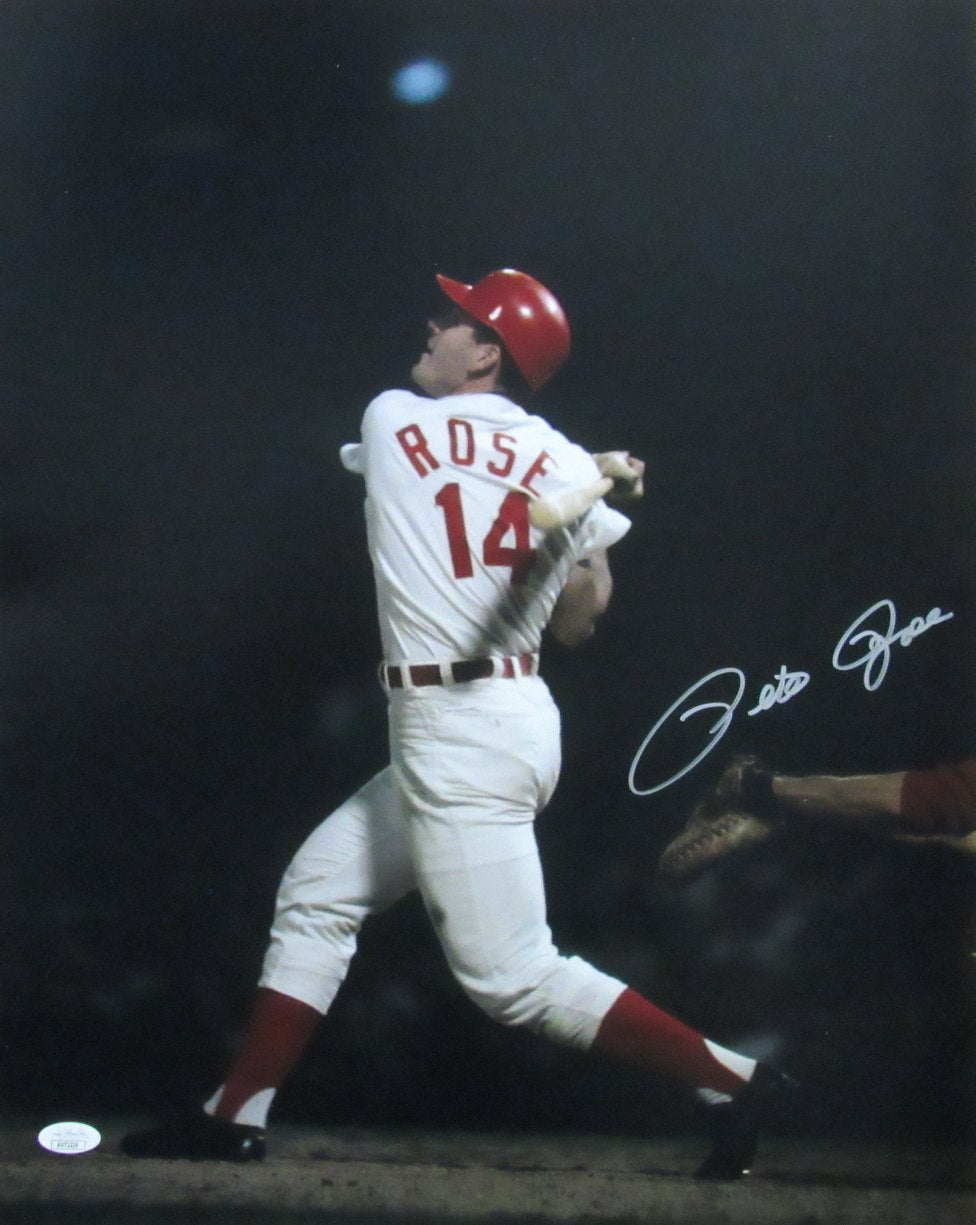 Pete Rose Signed Reds 16x20 Photo (JSA) Swing vert