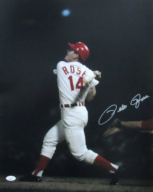 Pete Rose Signed Reds 16x20 Photo (JSA) Swing vert