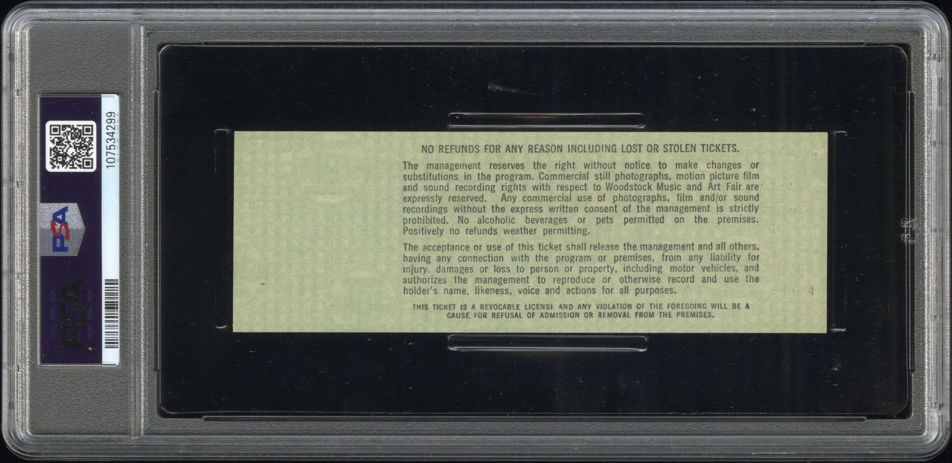 Woodstock signed Woodstock Authentic Three Day Unused Ticket from August 15, 16, 17, 1969 (PSA FULL MINT 9) — PSA authenti…