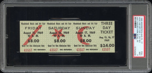 Woodstock Authentic Three Day Unused Ticket from August 15, 16, 17, 1969 (PSA FULL MINT 9)
