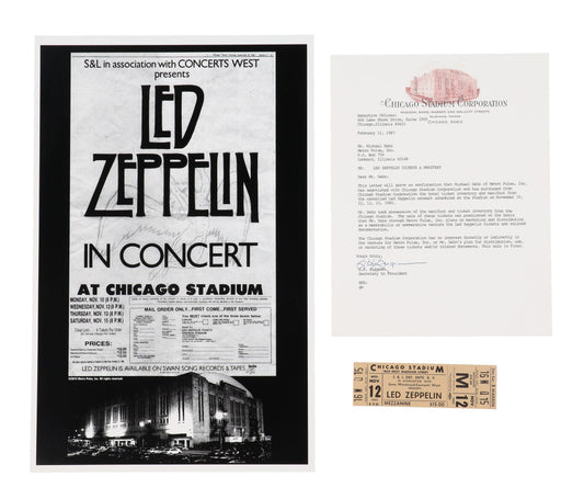 Led Zeppelin Set of (3) Items with 1980 Ticket, 12x18 Concert Poster & Chicago Stadium Letter of Provenance